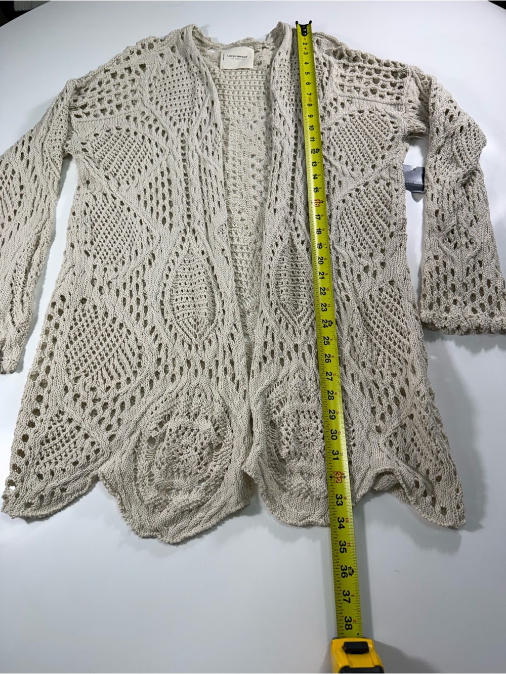 Lucky Brand 100% Cotton Openwork Crochet Knit Cardigan in Light Beige - Picture 3 of 11